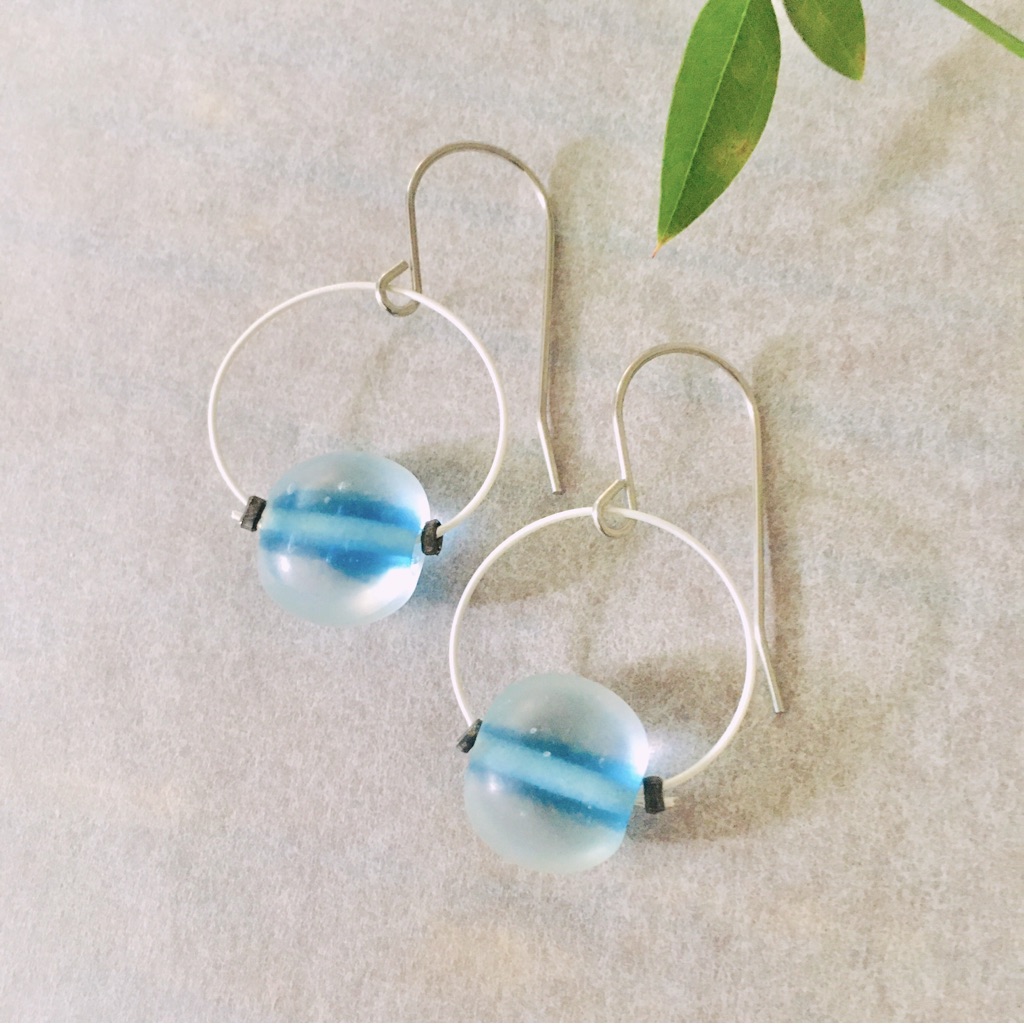 Blue Glass Round Pendant On Small White Hoop Earrings